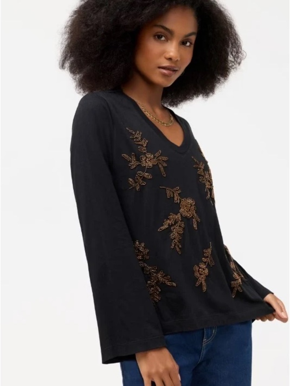 Johnny Was 100% Cotton Black V-Neck Long Sleeve Top with Gold Floral Embroidery